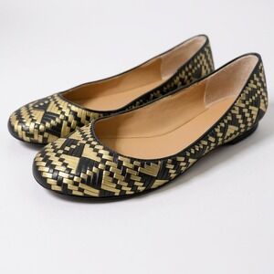 Rebecca Minkoff Womens  Uma Flat 8.5M Metallic‎ Gold Black Woven Pattern Round